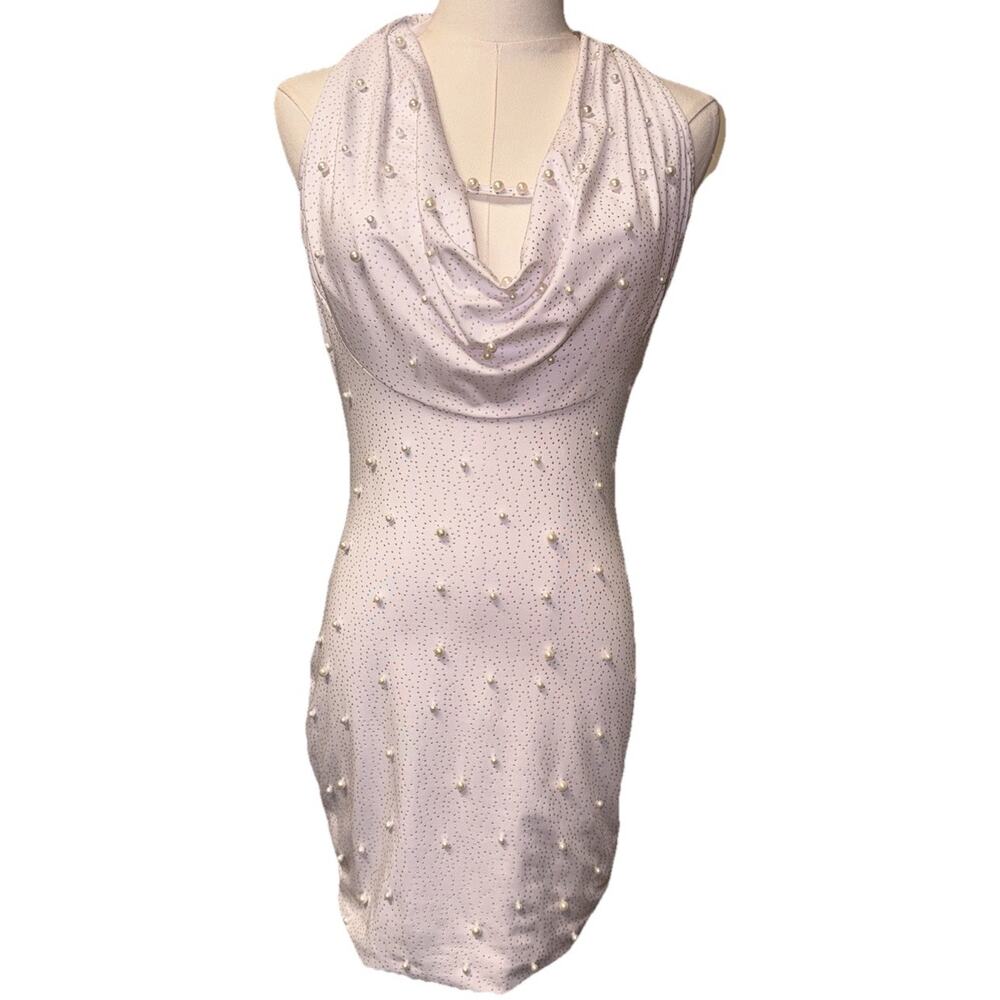 White Bodycon Cowl Dress With Pearls - Bachelorette - Bridal Dress Size Med